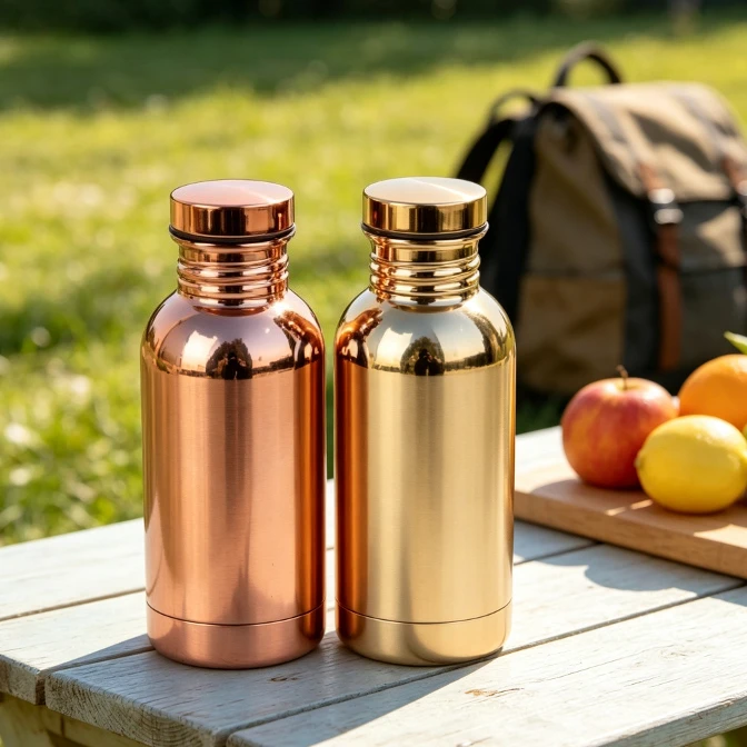 500ml Portable Single Wall Sports Water Bottle, Mirror Copper Plated Stainless Steel Cold Water Cup