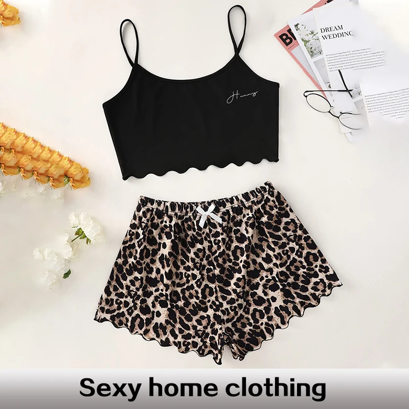 Fashionable New Letter Camisole Vest Paired with Leopard Print Bow Shorts Summer Casual Home Clothing Set