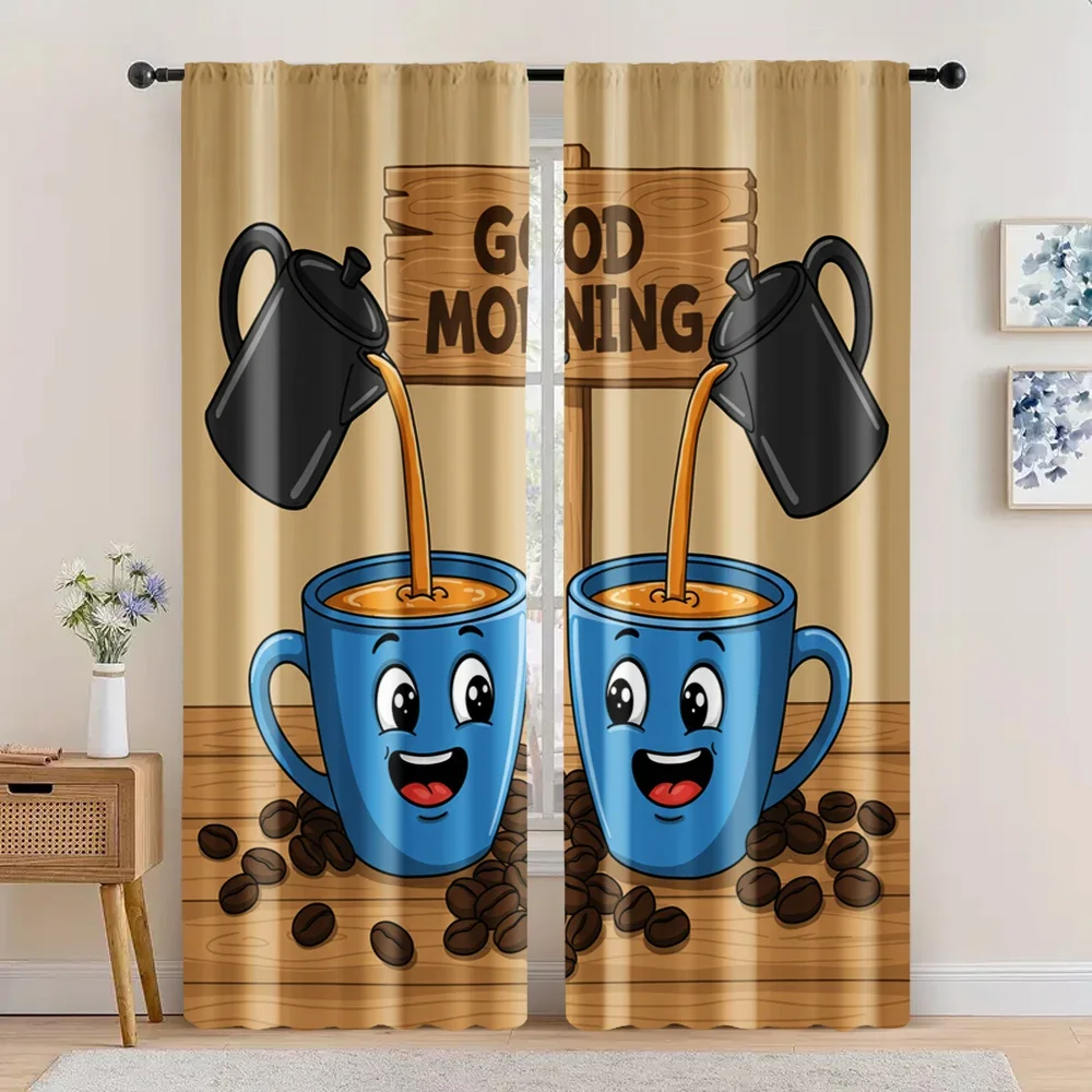 Good Morning Coffee Mug Curtains Panel Pair Cartoon Cafe Breakfast Kitchen Decor Window Drapery Art
