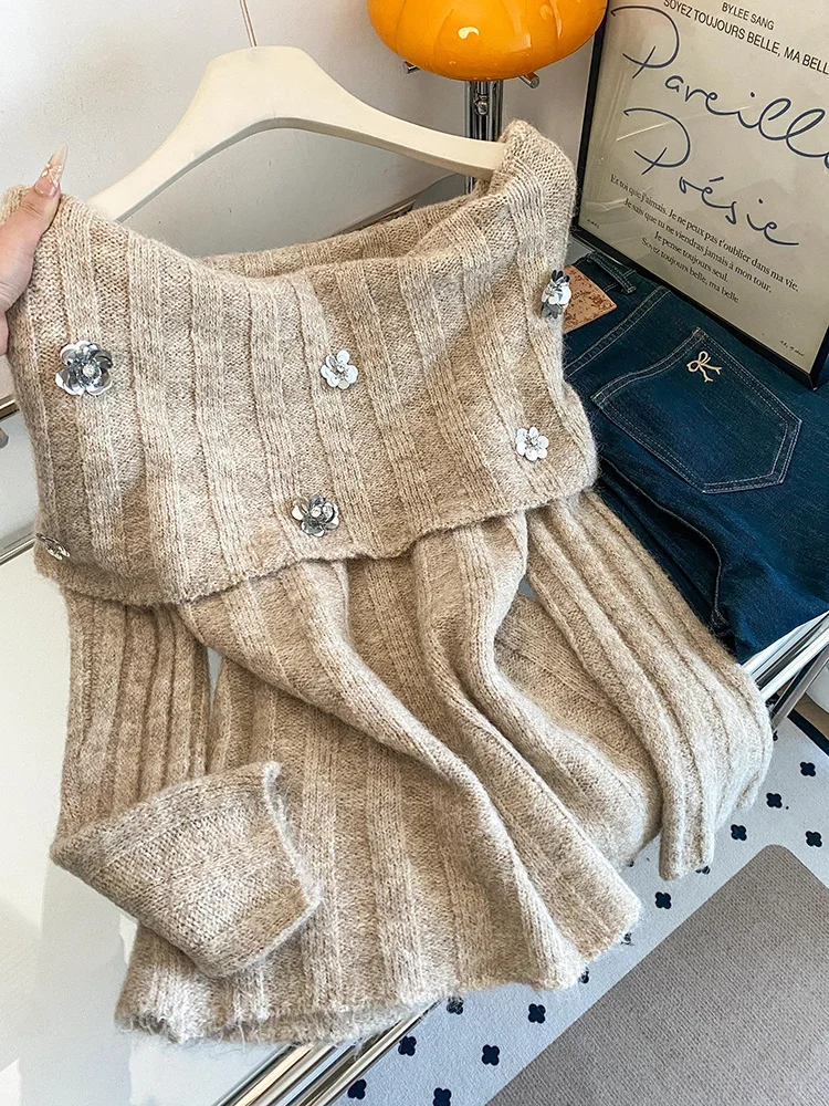 

Pure desire wind sequin three-dimensional flower off shoulder sweater women autumn and winter new lazy style slimming top