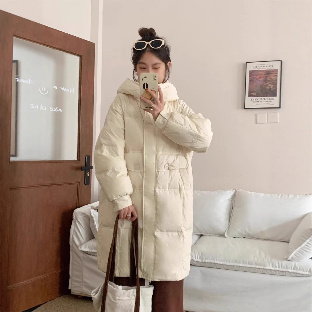 レディース服 2025年冬新作 韓国版 ロング丈 フード付き ダウンジャケット レディース ゆったり 厚手 ダックダウンジャケット