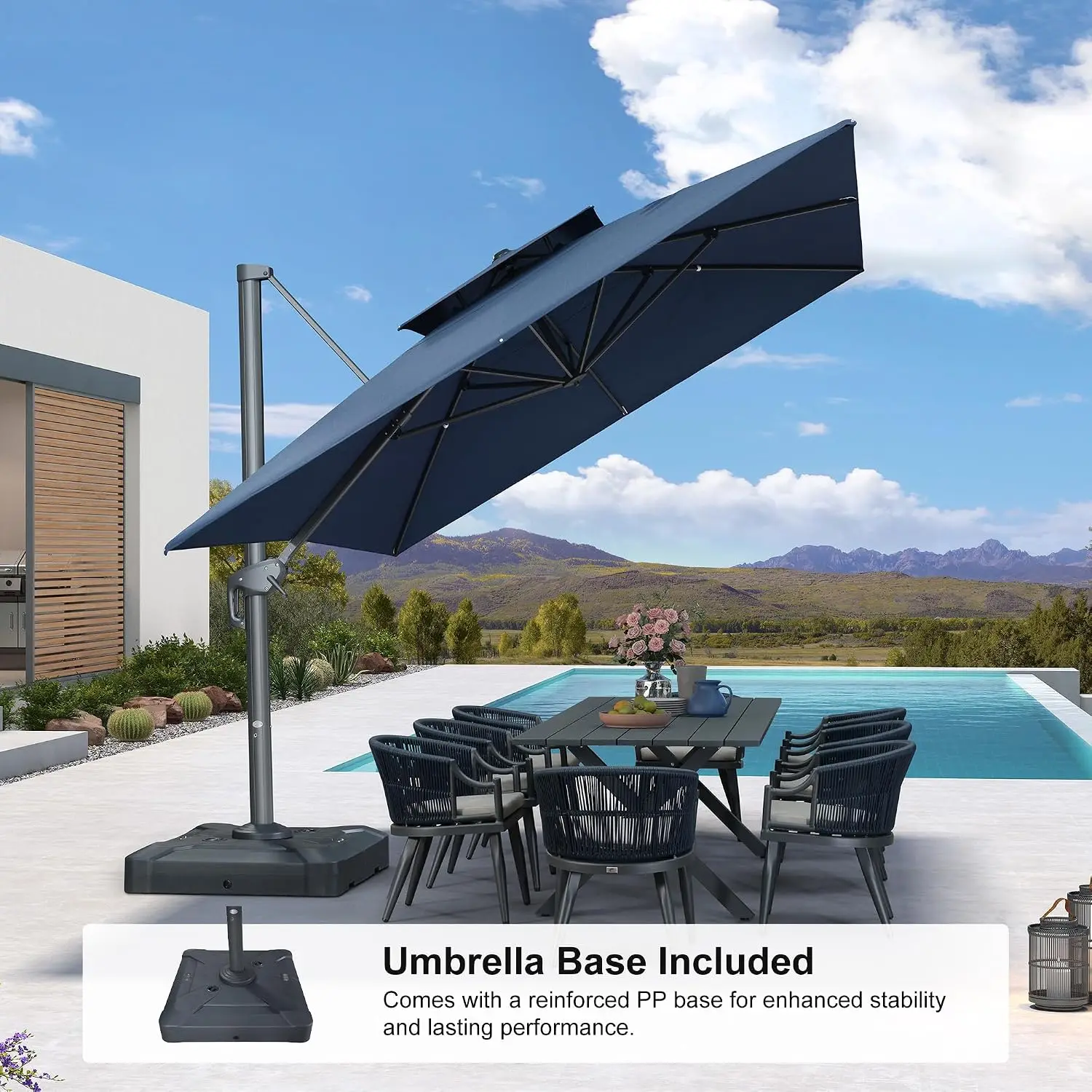 Outdoor Umbrella 10' x 13' w/Base, Double Top, Ocean Slate, Custom