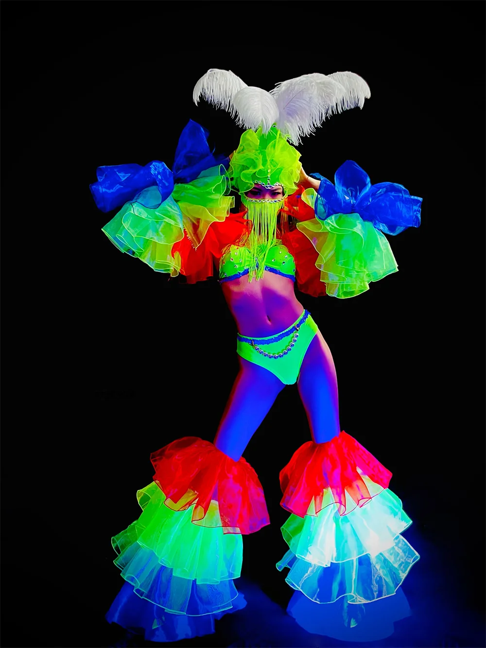 New Performance Costume Nightclub Bar Fluorescent Rainbow Set Sexy Women Gogo Stage Performance Colorful Performance Costume Set