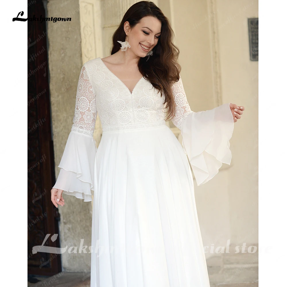 Lakshmigown Plus Size Chiffon-Brautkleid mit ausgestellten Ärmeln 2027 Neu, Schnürung am Rücken, V-Ausschnitt, Spitze, A-Linie, Brautkleider, maßgeschneidert – Detail 7