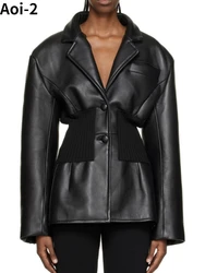 Chaqueta de cuero con costuras de PU para mujer, Blazer ajustado con contorno, color negro, moda urbana, Otoño e Invierno