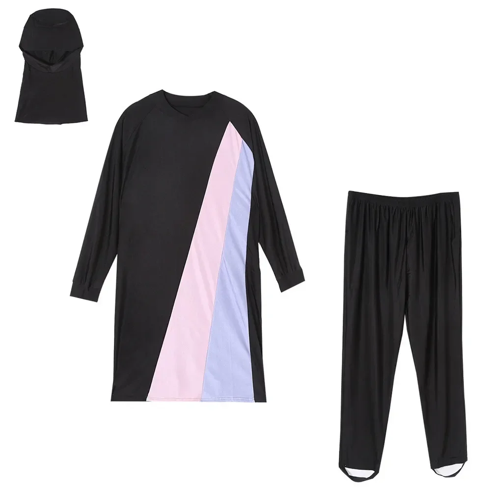Women Muslim Burkini 3 Pieces Color Block Long Sleeve Top Pants Modest Full Coverage Islamic Swimwear Ladies Beach Bathing Suit
