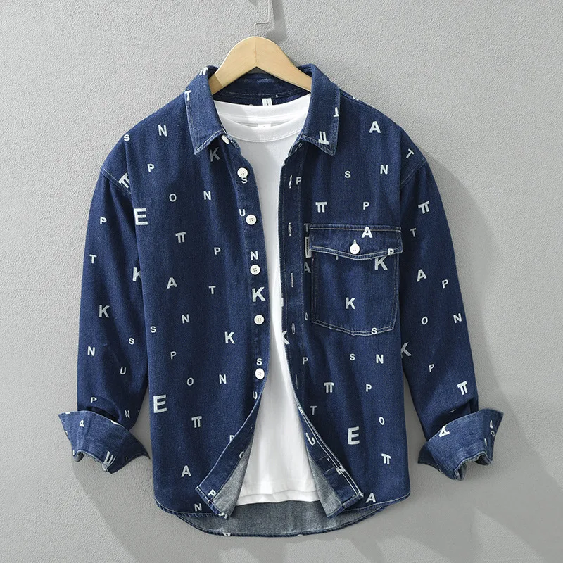 

Japan Style Letter Printed Washed Cotton Denim Shirts for Men 2024 Spring Fashion Soft Loose Blouses for Youth Male Casual Coats