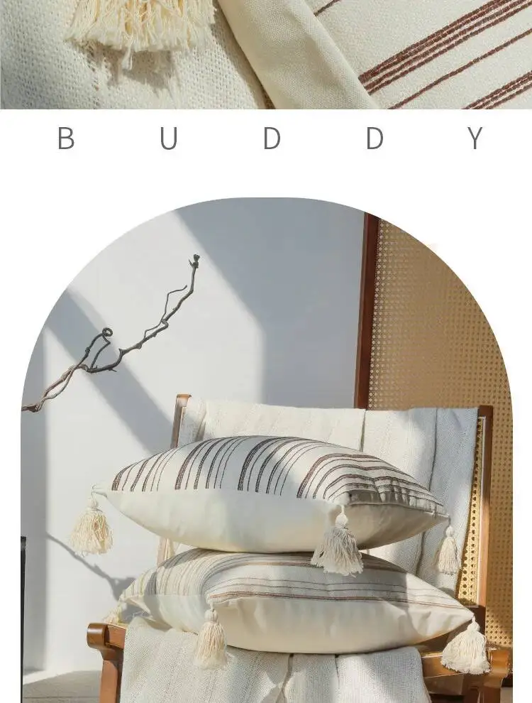 Boho Weiche & Gemütliche Kissenbezüge Gestreifte Quadratische Neutrale Kissenhüllen mit Quasten Landhaus-Stil Sofakissenbezug für Sofa und Bett – Detail 5
