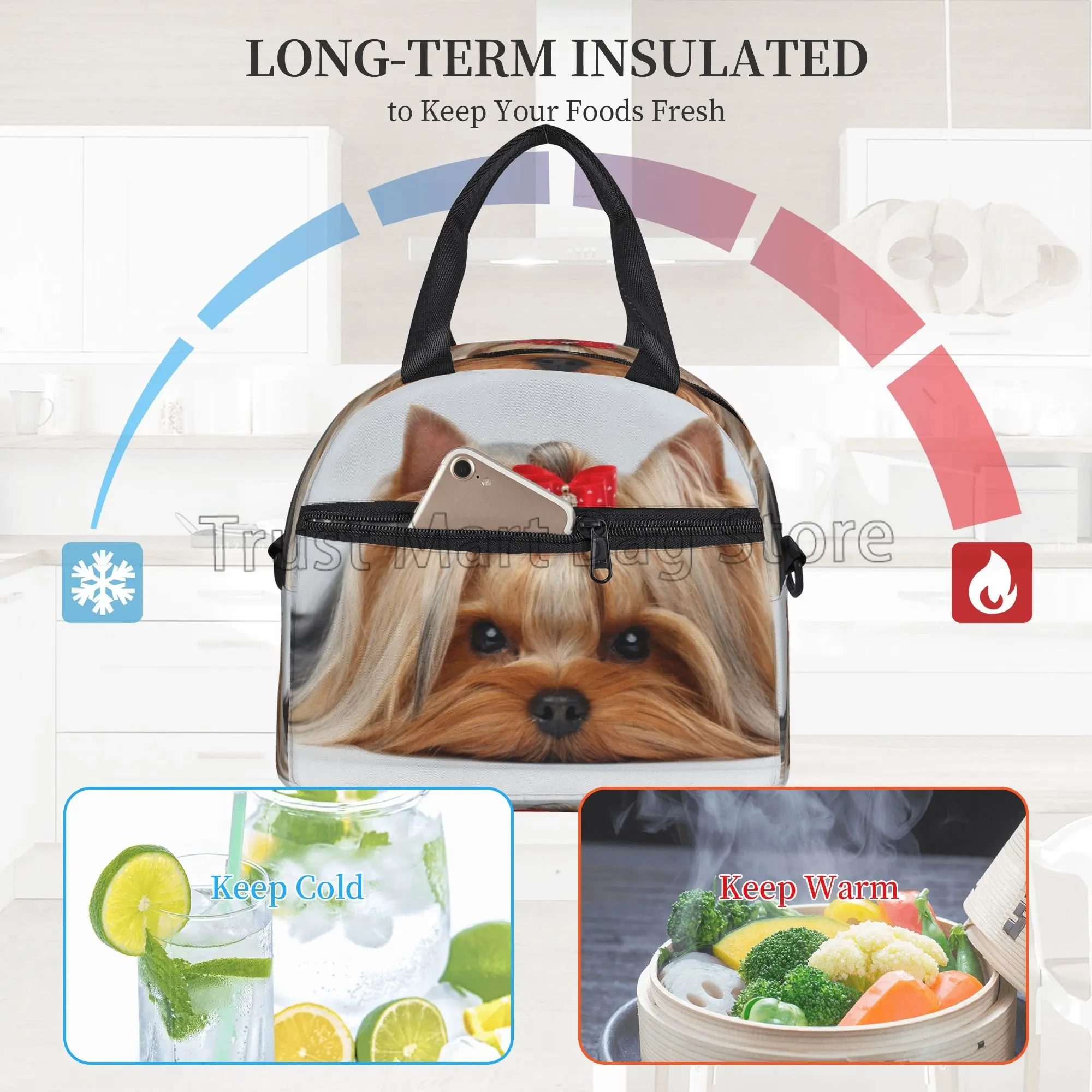 Cute Ribbon Yorkie Reusable Lunch Bag Insulated Lunch Box Tote with Adjustable Strap Leakproof Bento Bags for Work Picnic Beach