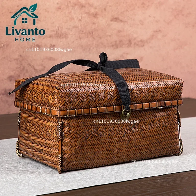 

Handmade Household Storage Box Vintage Bamboo Woven Organizer Lidded Storage Bin for Home or Office Durable & Stylish