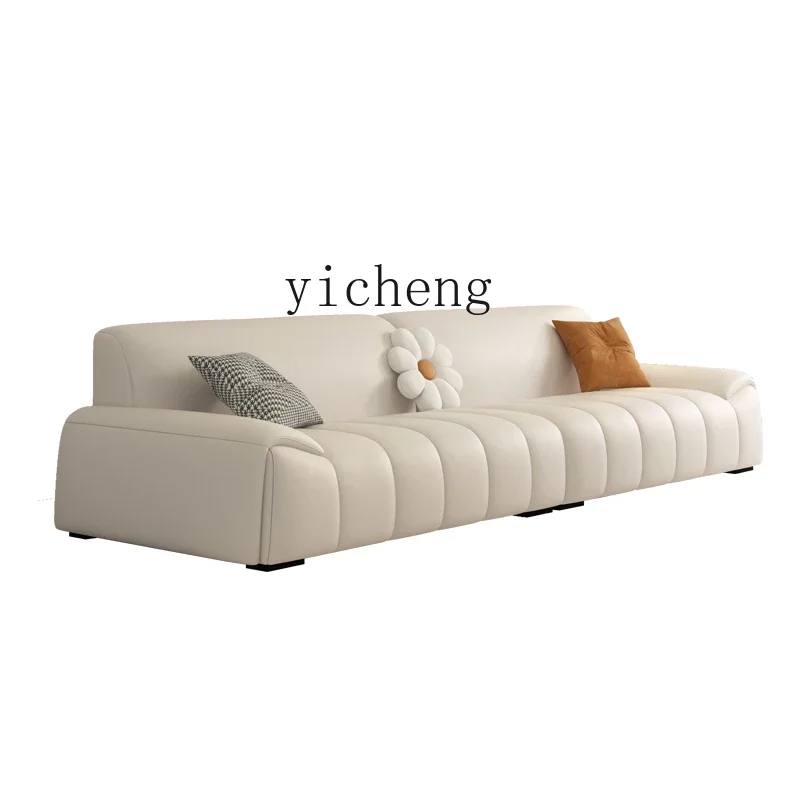 ZC Leather Sofa Cream Style Straight Row Three-Person Four-Person Small Apartment Sofa Living Room Simple Modern