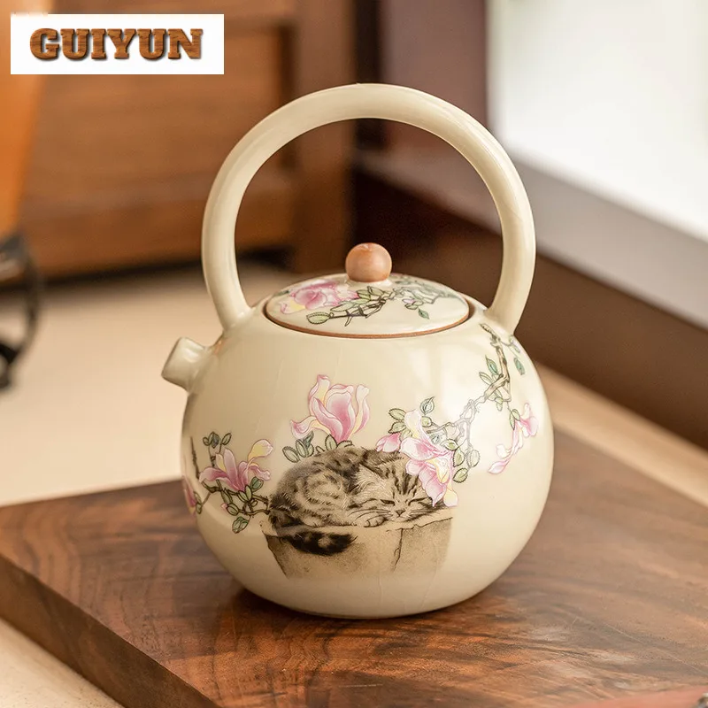 250ml Cute Cat Ru Kiln Porcelain Teapot Chinese High-handled Pot Traditional Tea Maker Kettle With Strainer Drinkware Ornaments