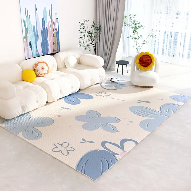 Blue Floral Print Rug Fresh Spring Bloom Design For Living Room Sofa Area Floor Mat Bright Atmosphere Creator