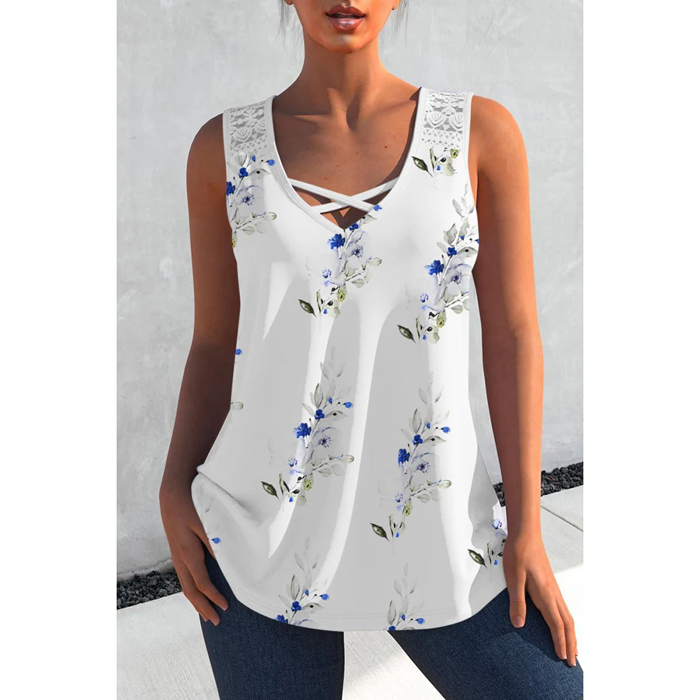 Plus size summer lace stitching cross shoulder straps square collar loose casual vest women's printed vest