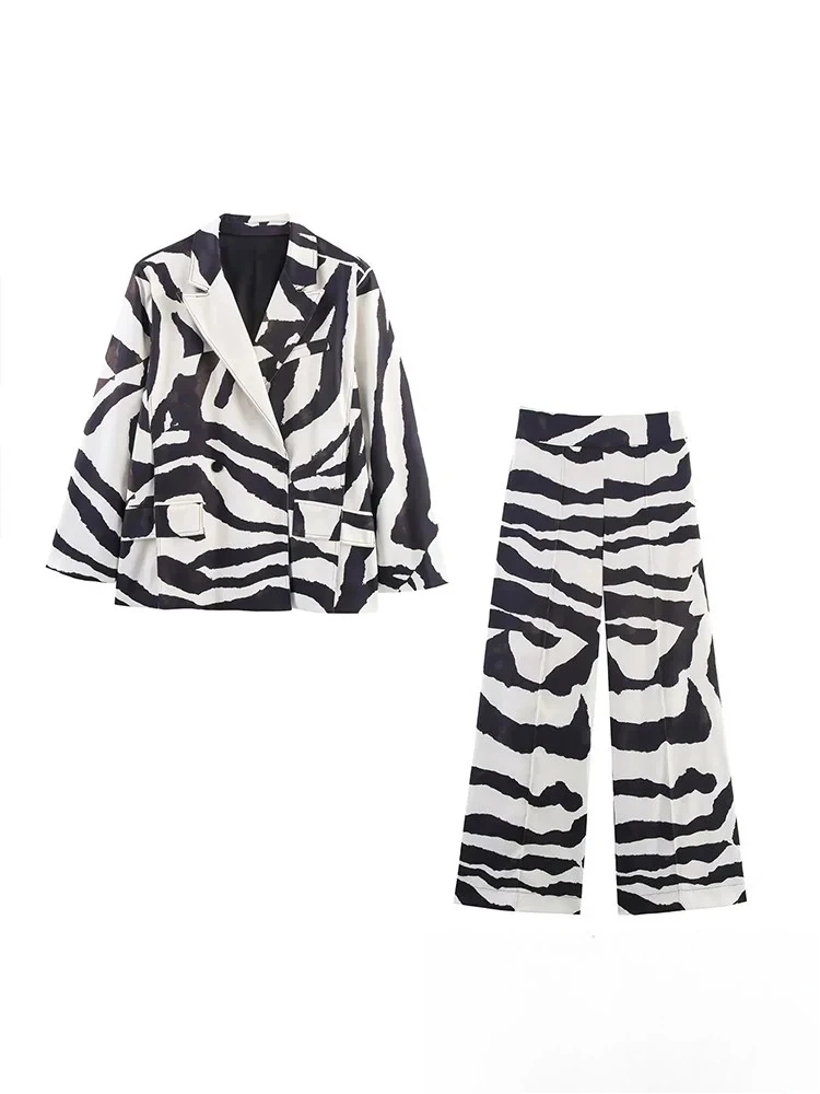 KONDALA Office Lady Stampa Abito con scollo a V Tasche con bottone singolo Giacca allentata Pantaloni con cerniera allentata Nuova moda 2025 Set femminili autunnali