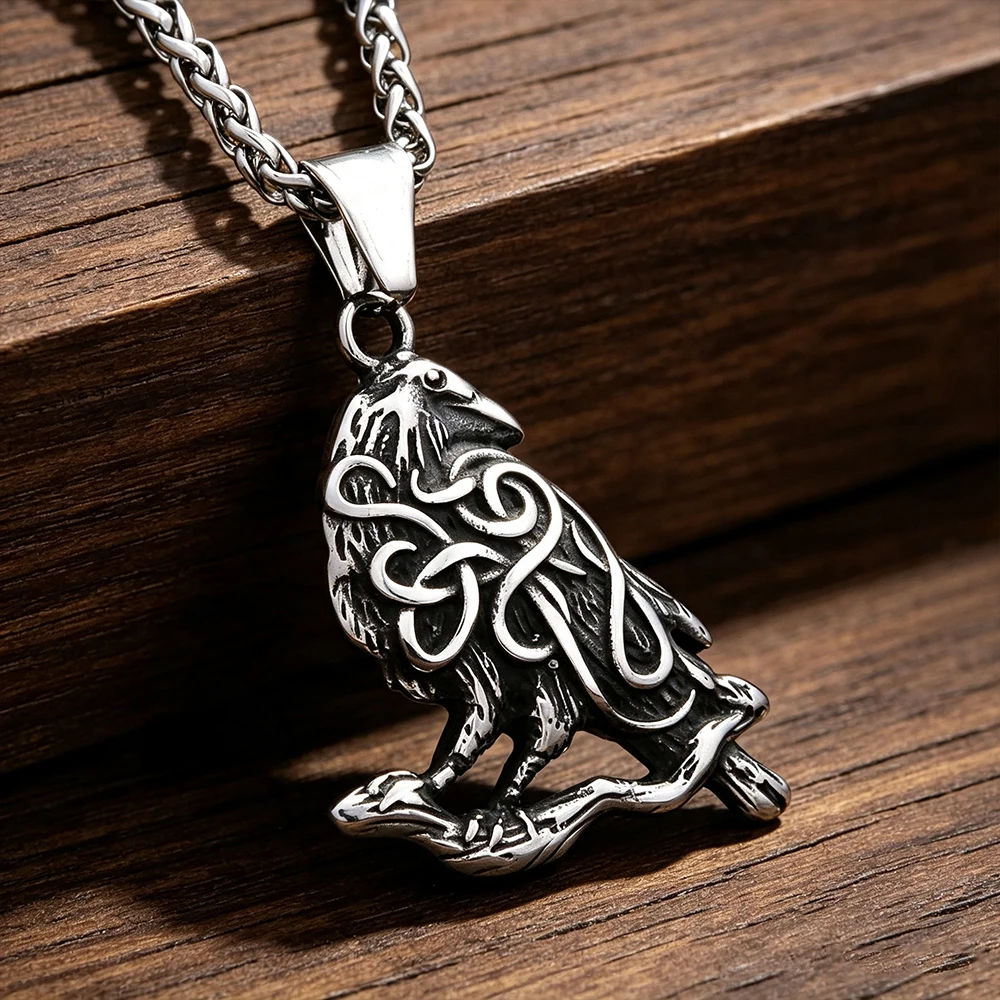 Stainless Steel Viking Crow Pendant Necklace Men Women Vintage Celtic Knot Wisdom Guardian Amulet Jewelry Gift Dropshipping