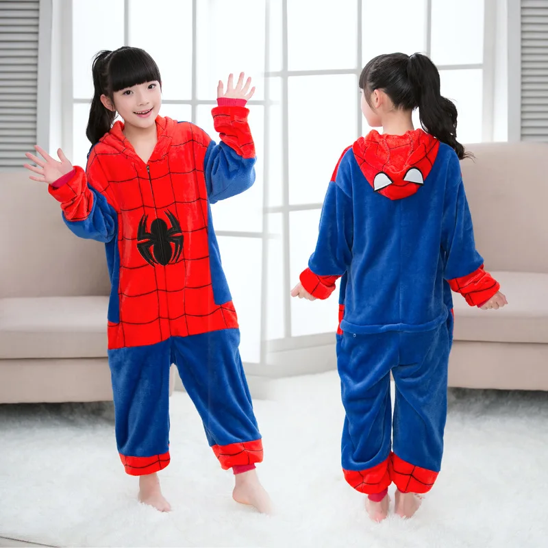 Thick Flannel Spider Man Cartoon Animal Jumpsuit Pajamas for Children's Toileting and Parent-child Home Sleepwear Child's Boy