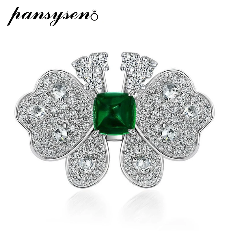 

PANSYSEN New Solid 925 Sterling Silver 7.5ct Emerald Simulated Moissanite Butterfly Rings for Women Cocktail Fine Jewelry Gift