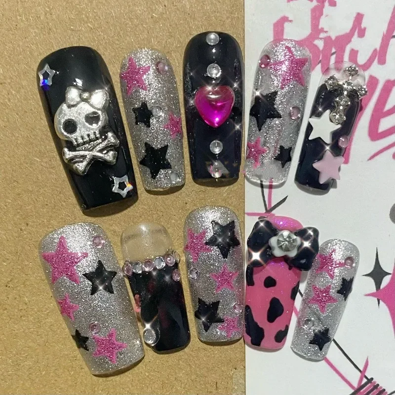 Punk Style Skull Design Extra Long Coffin Handmade Y2K Press On Nail Duck Shape Fake Nails With Glue Short Reusable False Nail