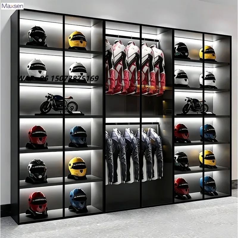 Maxsen Black Metal Frame LED Motorcycle Helmet Racing Suit Display Rack Eco-Friendly Freestanding Grid Shelf Quick Installation