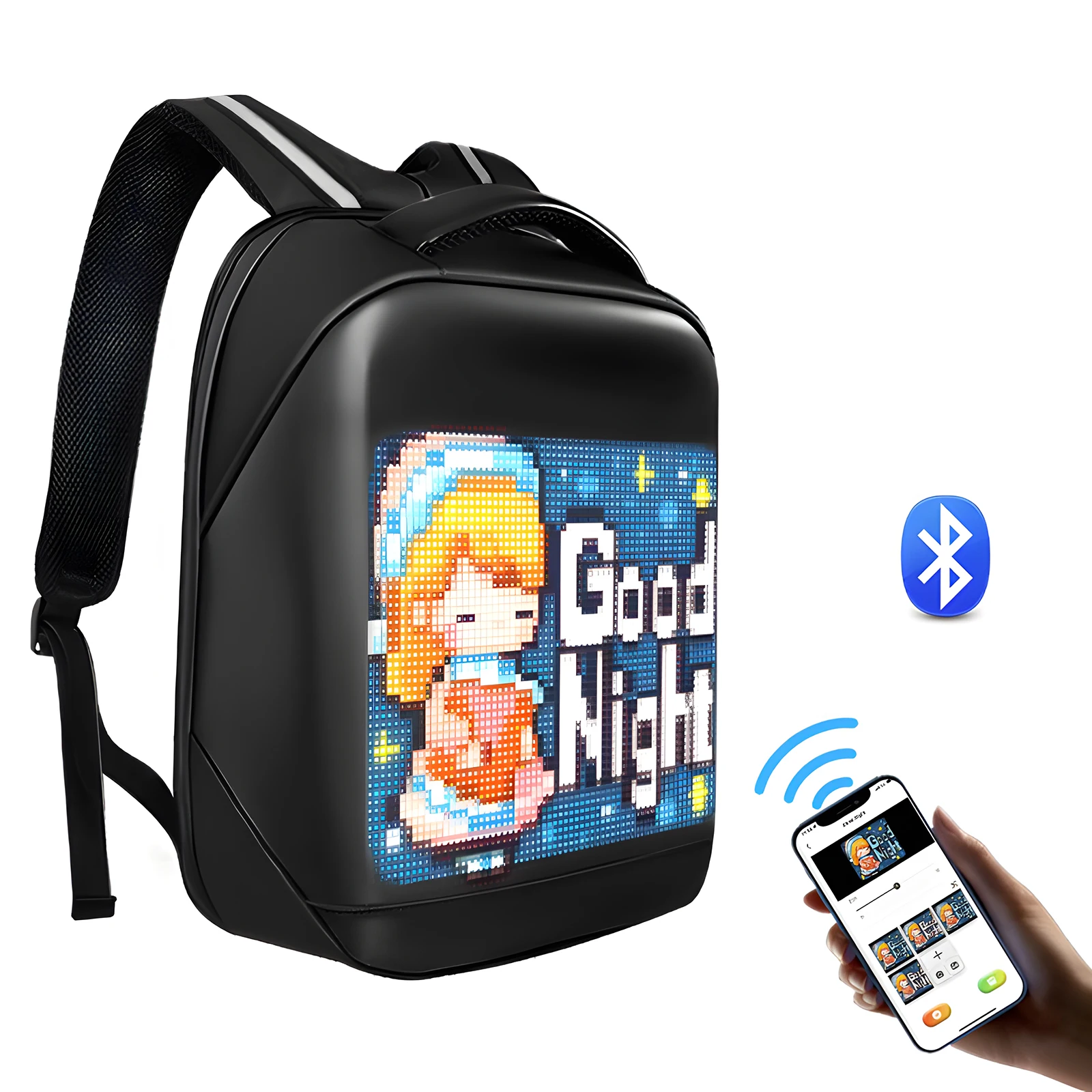 Smart Bluetooth LED Backpack with Colorful LED Sign Panel and Programmable, DIY Laptop Daypack Bag,Black