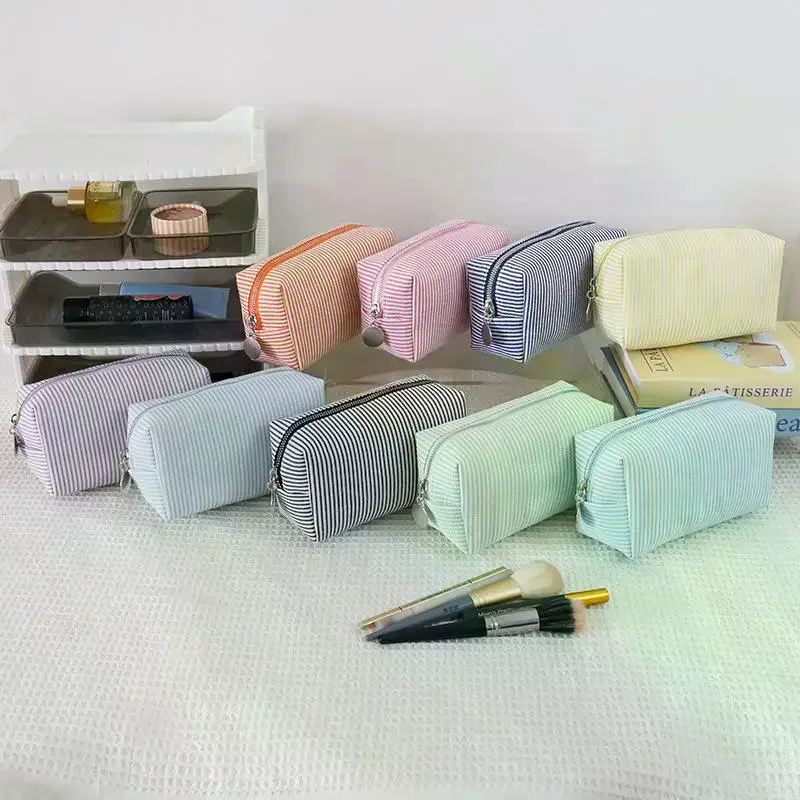 Fresh Simple Striped Cosmetic Bag Large Capacity Makeup Bag Pencil Case Travel Toiletries Bags Toiletry Storage Pouch