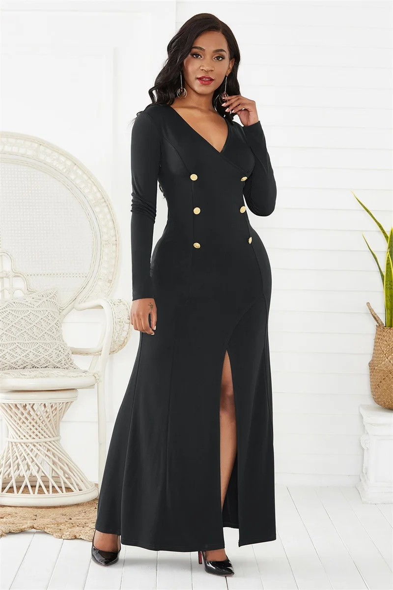 

Sexy Women Bodycon Maxi Dress Female Long Sleeve V-Neck Button Split Party Dresses Vestidos