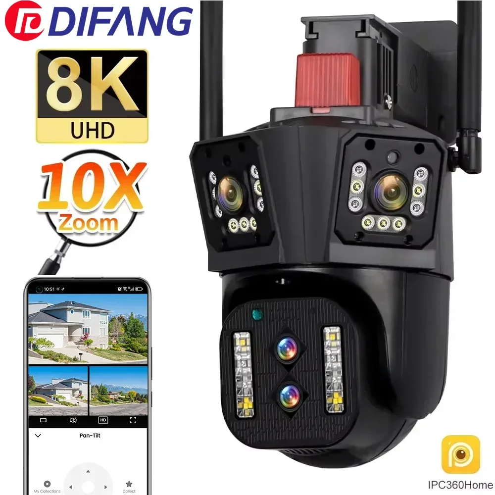 8K WIFI IP كاميرا 16MP HD في الهواء الطلق 10X زووم بصري تتبع تلقائي PTZ أربعة عدسة ثلاثة شاشة كاميرا مراقبة مقاومة للماء CCTV #1