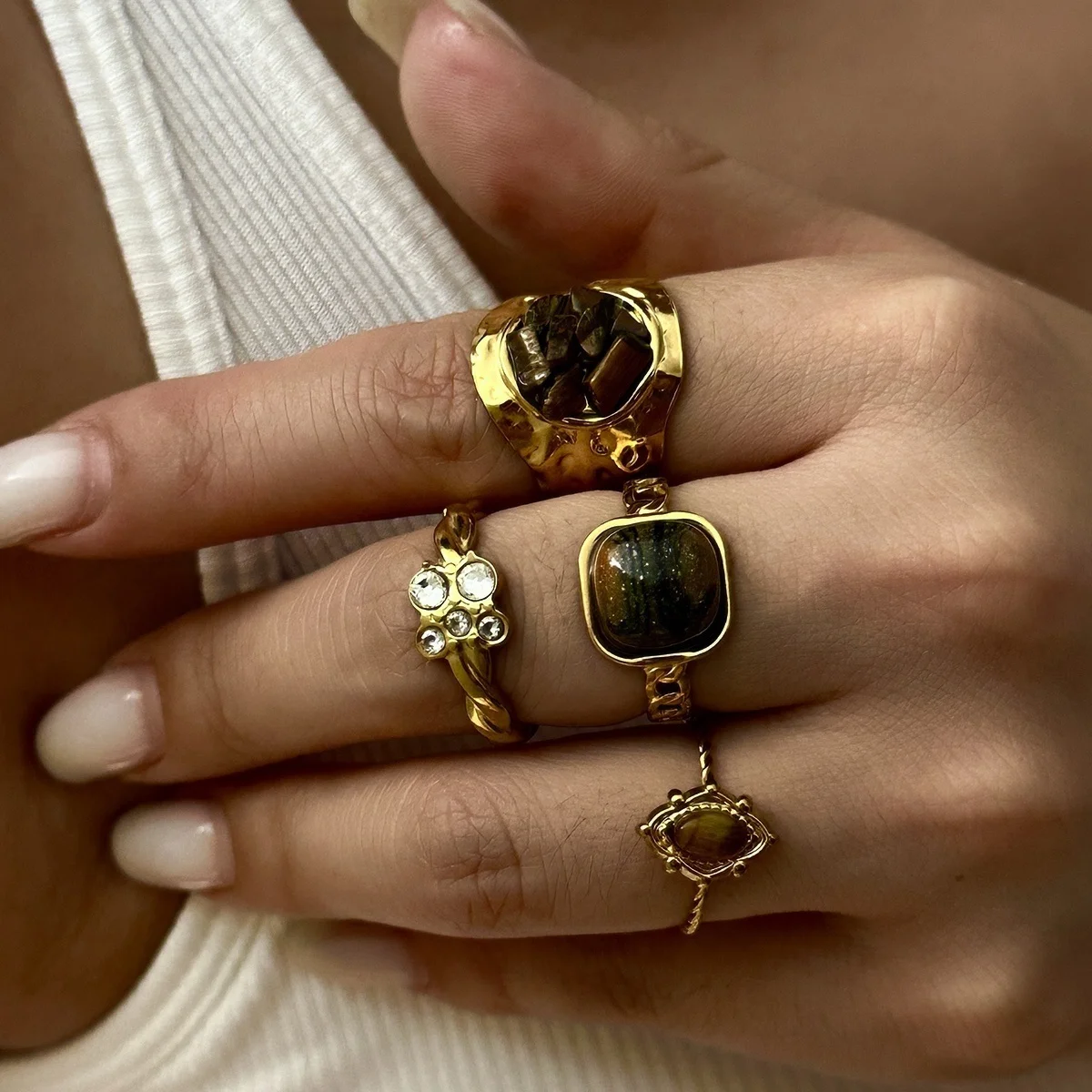 Edelstahl Natürlicher Tigerauge-Stein Wassertropfen-Hammer-Ring Breiter Ring für Damen und Herren Französischer Vintage Geometrischer Blumenring Schmuck – Detail 7