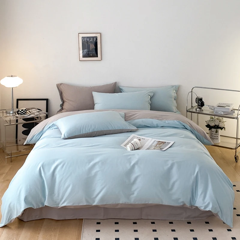 High-Quality Premium Bedding Set,Solid Color Duvet Cover with Zipper, Pillow Sham with Button, Flat Sheet,Blue