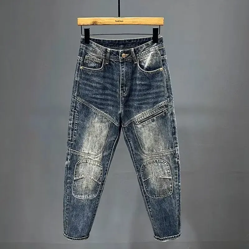 

Мужские модные облегающие джинсы, рабочая одежда, мотоциклетные брюки с дизайном в стиле пэчворк, брюки на молнии, корейские джинсовые брюки со средней талией