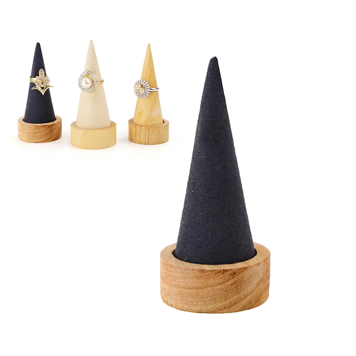 

Dark Grey Solid Wood Cone Ring Holder Creative Jewelry Organizer Display Rack Storage for Home Bedroom Decor Wooden Ring Holder