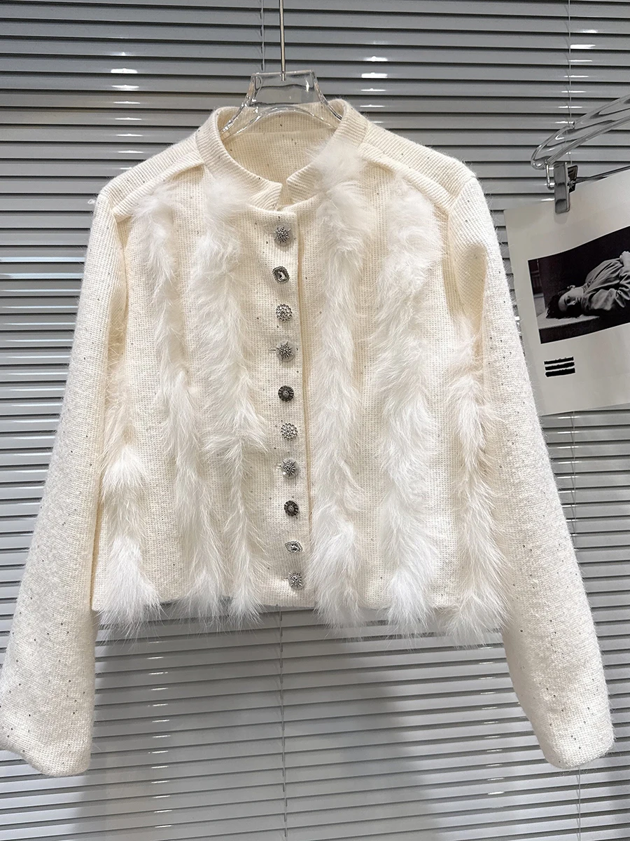GALCAUR Fluffy Spliced Diamond Slimming Jacket for Women Stand Collar Long Sleeve Patchwork Single Breasted Casual Coat Female