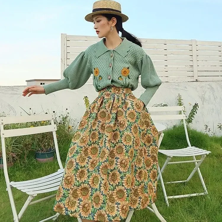 Female sunflower jacquard high waist slimming half body skirt  vintage  maxi skirt  LOOSE FIT  korean style