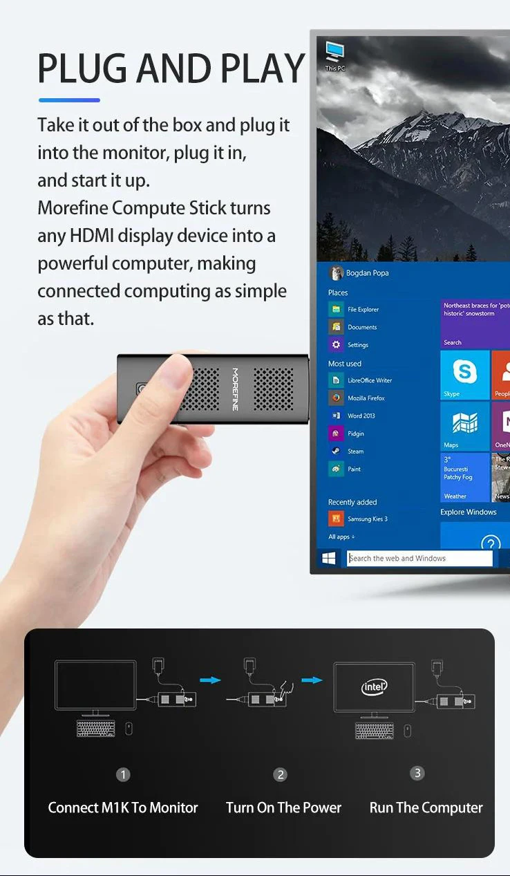 Morefine M1K Mini PC Stick Intel Celeron J5005/N5000 LPDDR4 8GB 128GB HDMI 2.0 4K 60Hz WIFI5 BT5.1 Pocket PC