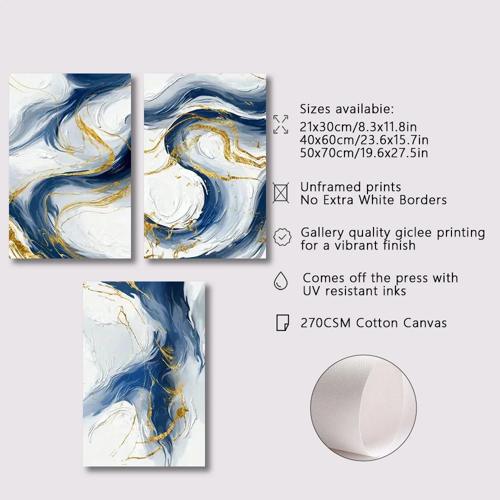 3pcs frameless Canvas Painting 3pcs Canvas Poster Modern Art  Blue Golden Abstract Graphic Art Canvas Print Painting Ideal Gift