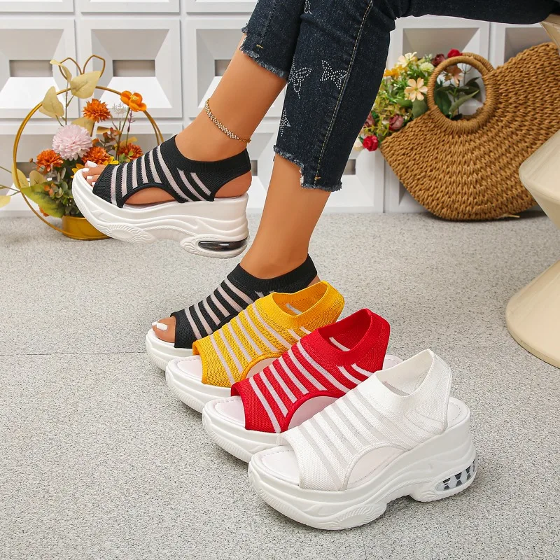 

Women's Summer New Fish Mouth Open Toe Hollow Out Breathable Wedge High Heel Sandals Women Fashionable Casual Beach Sandals