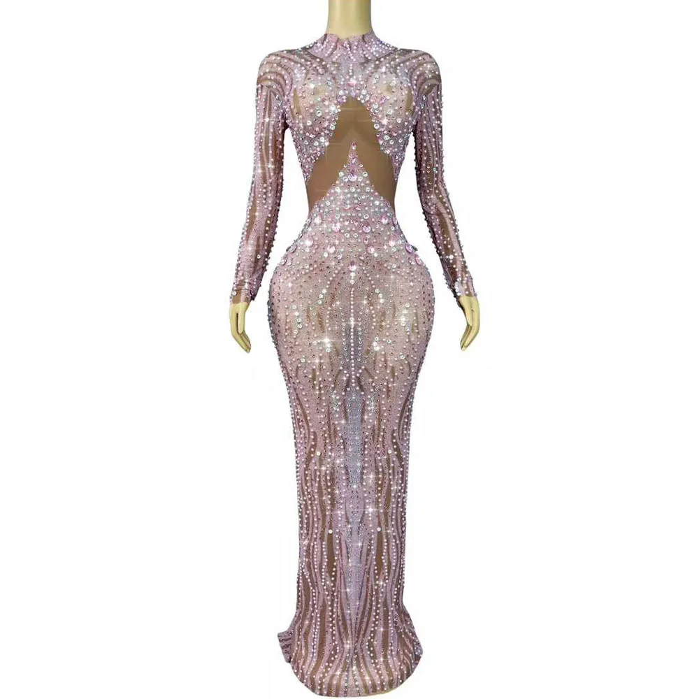 

Sparkly Rhinestones Pink Mesh Transparent Long Dress Women Sexy Birthday Celebrate Evening Party Prom Photoshoot Stage Wear
