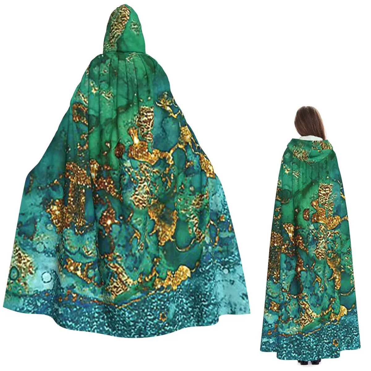 

Sparkling Gold Glitter Faux Marble Long Hooded Cloak Witch Medieval Costume Cosplay Cape HalloweenVampire Adult Unisex