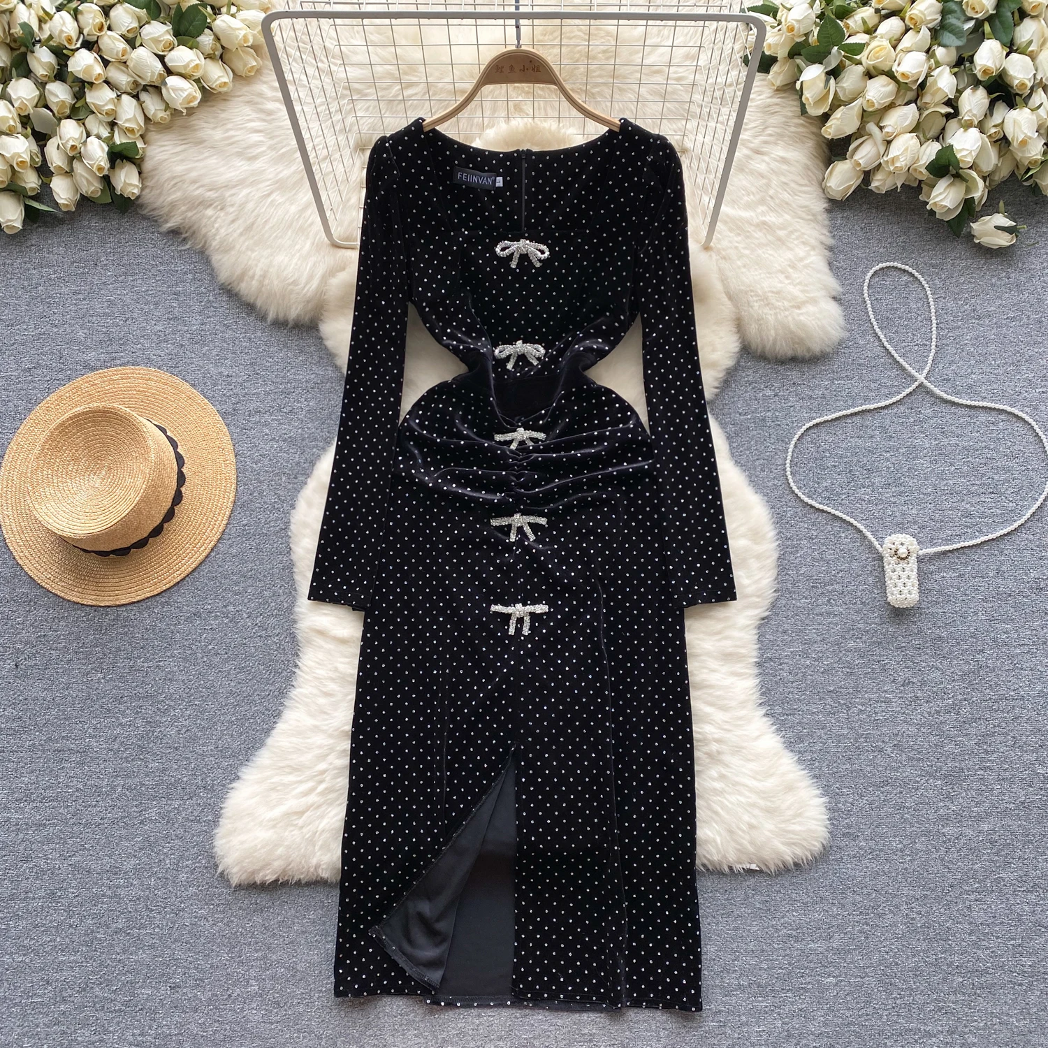 Sexy Square Collar lool sleeve bow rhinestone sweet Dress Chic Vintage Evening Party Club Women fold Chic Goth Slim dresses