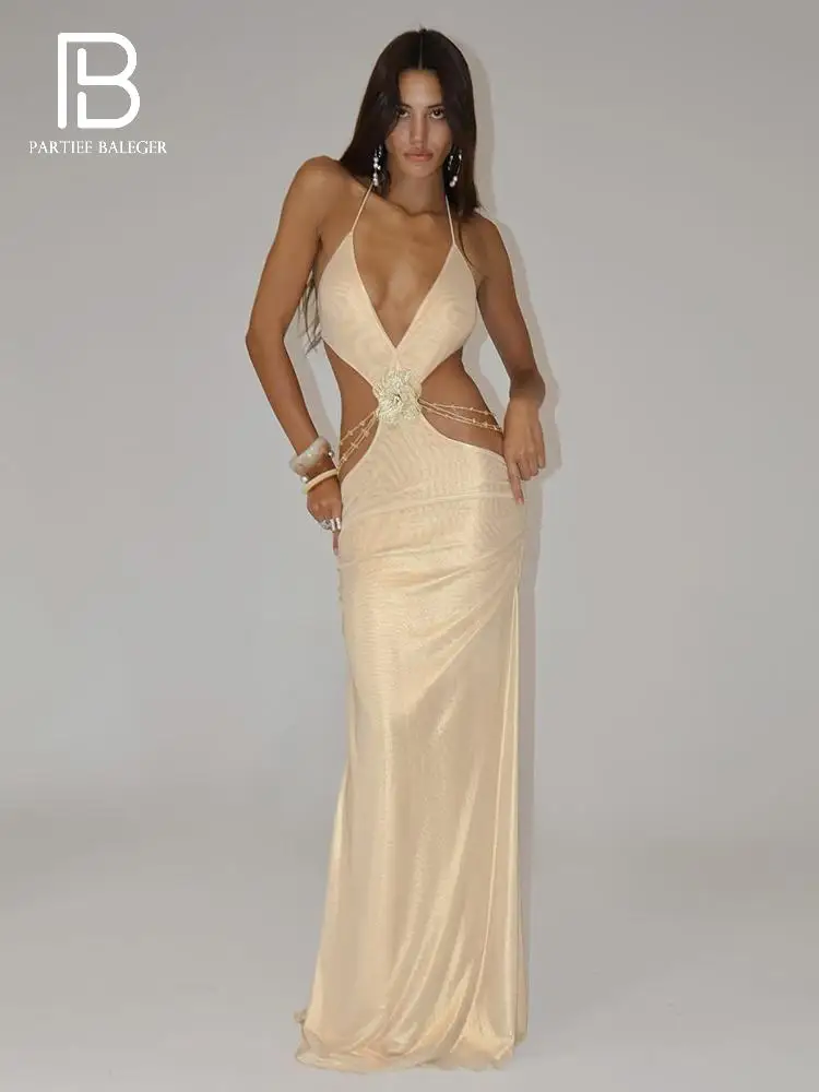 PB mode Sexy or licou col en V dos nu robes de soirée avec fleur et détails découpés robe longue pour fête robe de soirée de bal