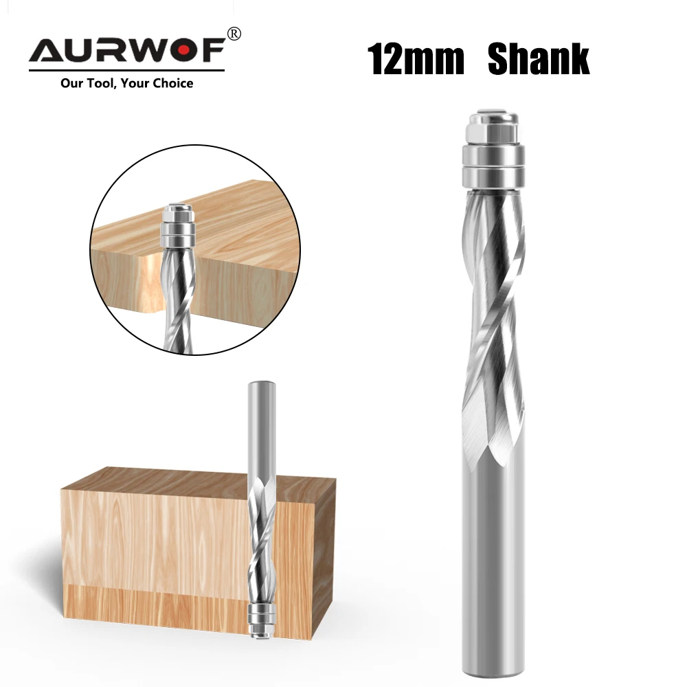 

1PC 12mm Shank Flush Trim Solid Carbide Spiral Top Bearing CNC Router Bit Up-cut End Mill Bit Face Wood Milling Cutter