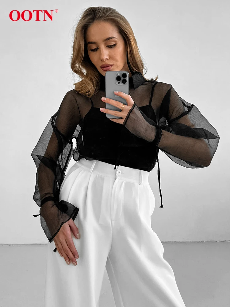 OOTN Fashion White Mesh Shirts Blouses Women Elegant Long Sleeve Lace-Up Loose Shirts Summer Black Transparent Sexy Blouses 2024