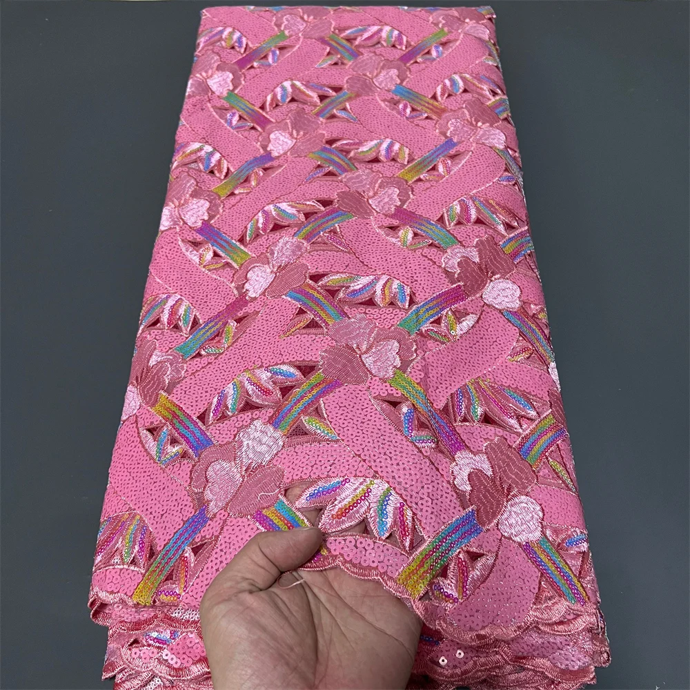 

2025 African Nigerian High-Quality Sequins Tulle Lace Fabric for Prom Dresses Beads Embroidery Sewing Net Cloth 5Yard ZJ081