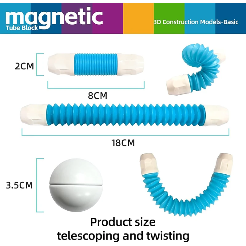 مجموعة ألعاب بناء عصا مغناطيسية مرنة قابلة للسحب، مجموعة مكعبات منشئ مغناطيسية للأطفال الأولاد والبنات، كتلة أنبوبية مغناطيسية