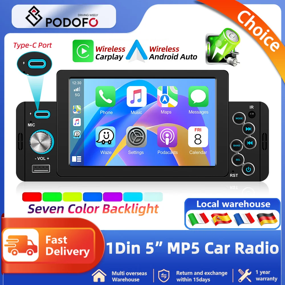 Podofo 1din 5”Car MP5 Player For Universal Car Radio Wireless Carplay autoradio BT FM Radio Receiver TF/USB MirrorLink Stereo