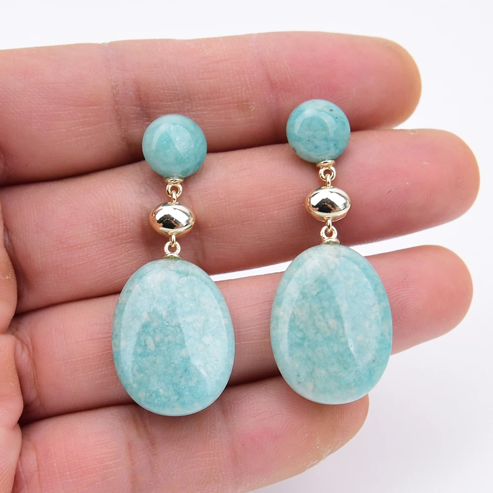 G-G Natural Green Amazonite Oval Shaped Stone Metal Stud Dangle Earrings Cute Jewelry Gifts For Lady