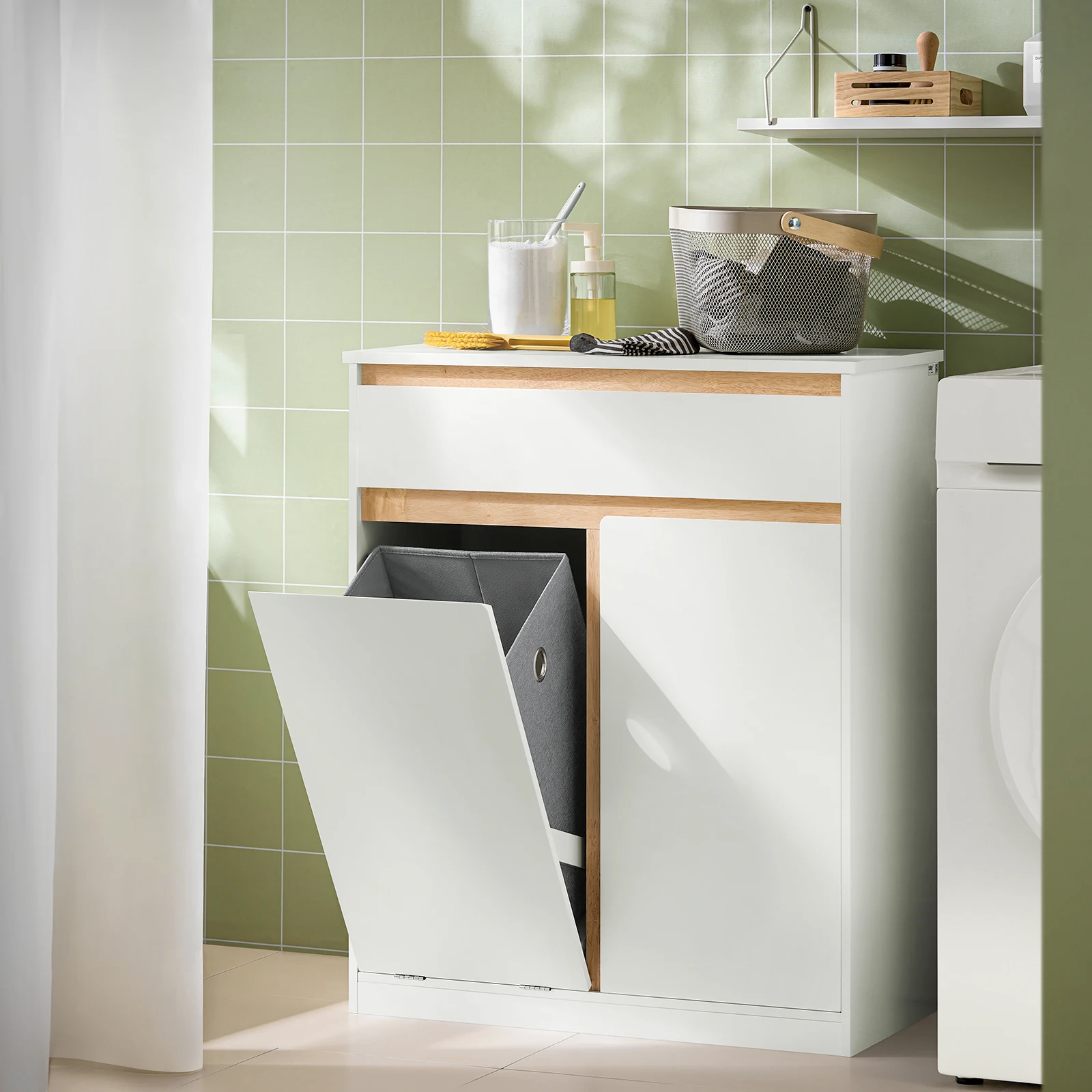SoBuy BZR79-W Mobile da bagno con cesto portabiancheria e cassetto, con anta e sistema inclinabile Bianco 71x33x85 cm