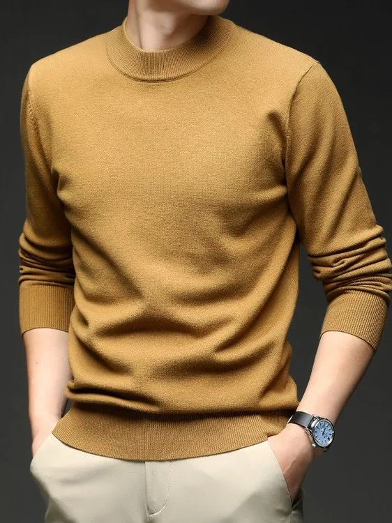 

Чистый цвет, мужской вязаный свитер среднего года с высоким воротником, Inteated Fce, против морщин, Busin Sle, смесь шерсти