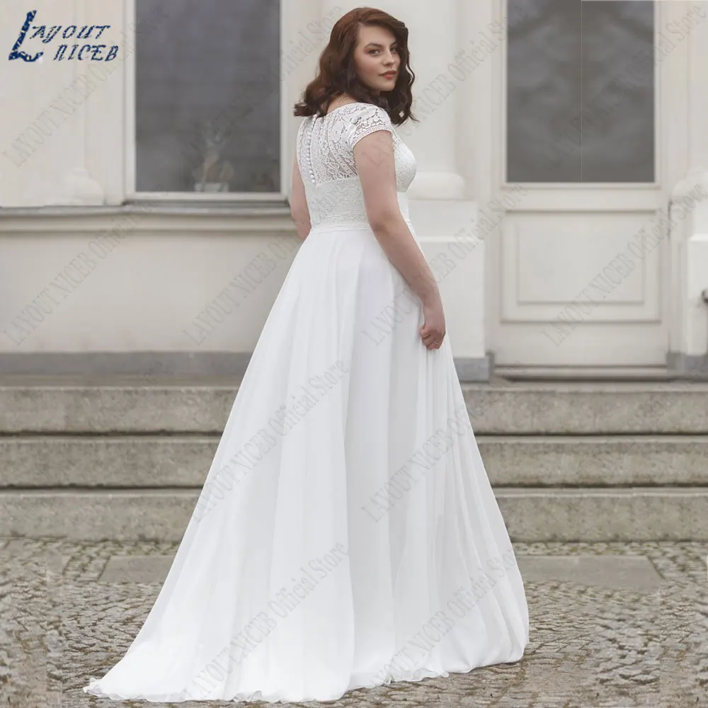 LAYOUT NICEB Chiffon Plus Size Wedding Dresses Lace Cap Sleeves Bride Gowns A-Line V-Neck Back Buttons vestidos de novias 2024